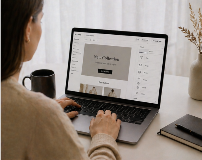 kvinde der arbjeder med email marketing på en computer